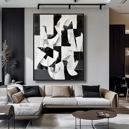 Large Black Wall Art Black And White Abstract Minimal Painting on Canvas White Textured Wall Art Contemporary Abstract Art for Living Room