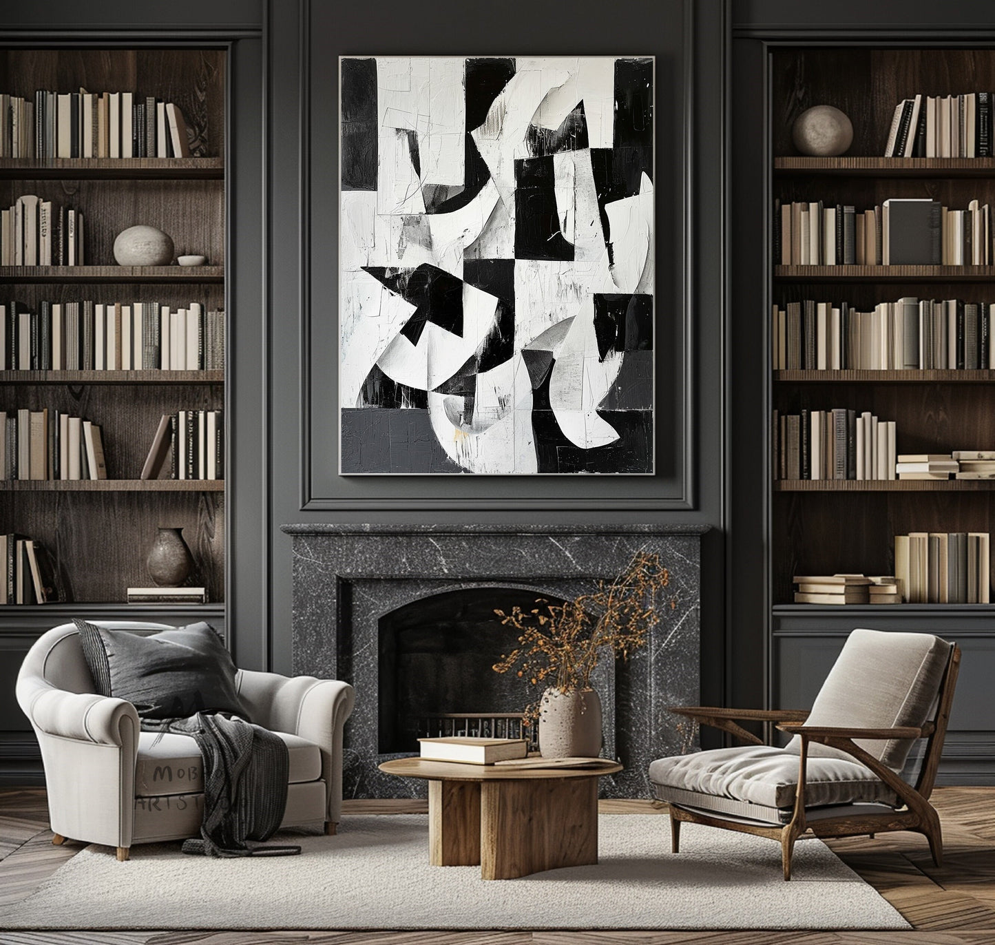 Large Black Wall Art Black And White Abstract Minimal Painting on Canvas White Textured Wall Art Contemporary Abstract Art for Living Room