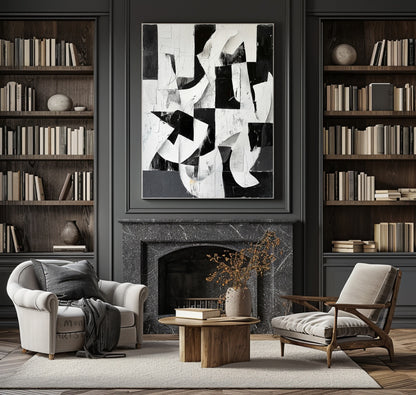 Large Black Wall Art Black And White Abstract Minimal Painting on Canvas White Textured Wall Art Contemporary Abstract Art for Living Room