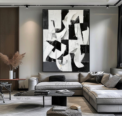 Large Black Wall Art Black And White Abstract Minimal Painting on Canvas White Textured Wall Art Contemporary Abstract Art for Living Room
