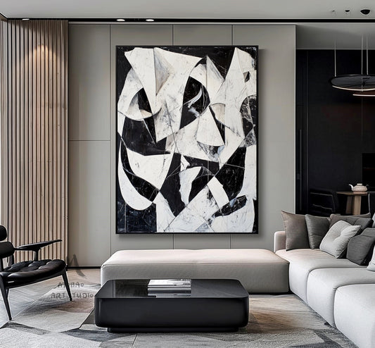 White Textured Wall Art Black And White Abstract Minimal Painting on Canvas Large Black Wall Art Contemporary Abstract Art for Living Room