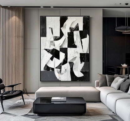 Large Black Wall Art Black And White Abstract Minimal Painting on Canvas White Textured Wall Art Contemporary Abstract Art for Living Room