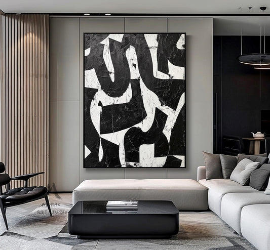 Black White Abstract Painting Black Wabi Sabi Wall Art Large Black Minimalist Wall Art Black Textured Canvas Painting White Wall Art Decor