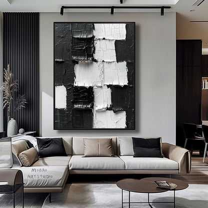 Large White 3D Textured Painting Black White Abstract Painting Black 3D Textured Painting White Minimalist Painting Modern Wall Art Decor