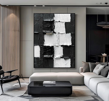 Large White 3D Textured Painting Black White Abstract Painting Black 3D Textured Painting White Minimalist Painting Modern Wall Art Decor