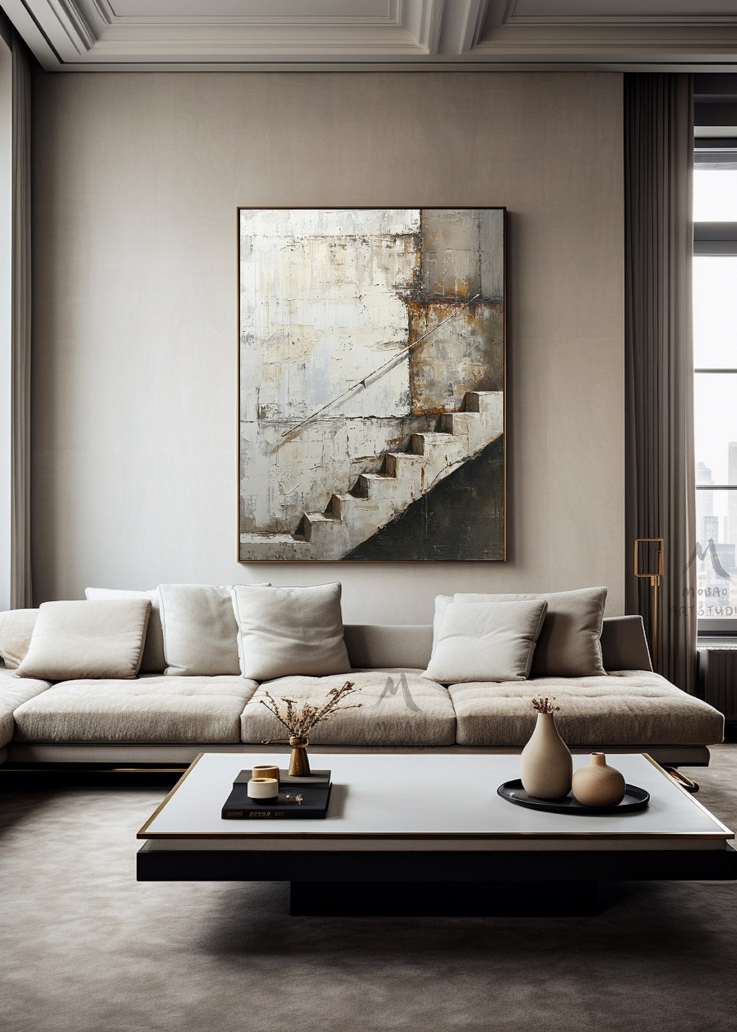 Beige Abstract Painting Gray Canvas Painting Wabi Sabi Wall Art Neutral Canvas Art Boho Wall Art Black Abstract Art Beige Wall Art #Treppe-4