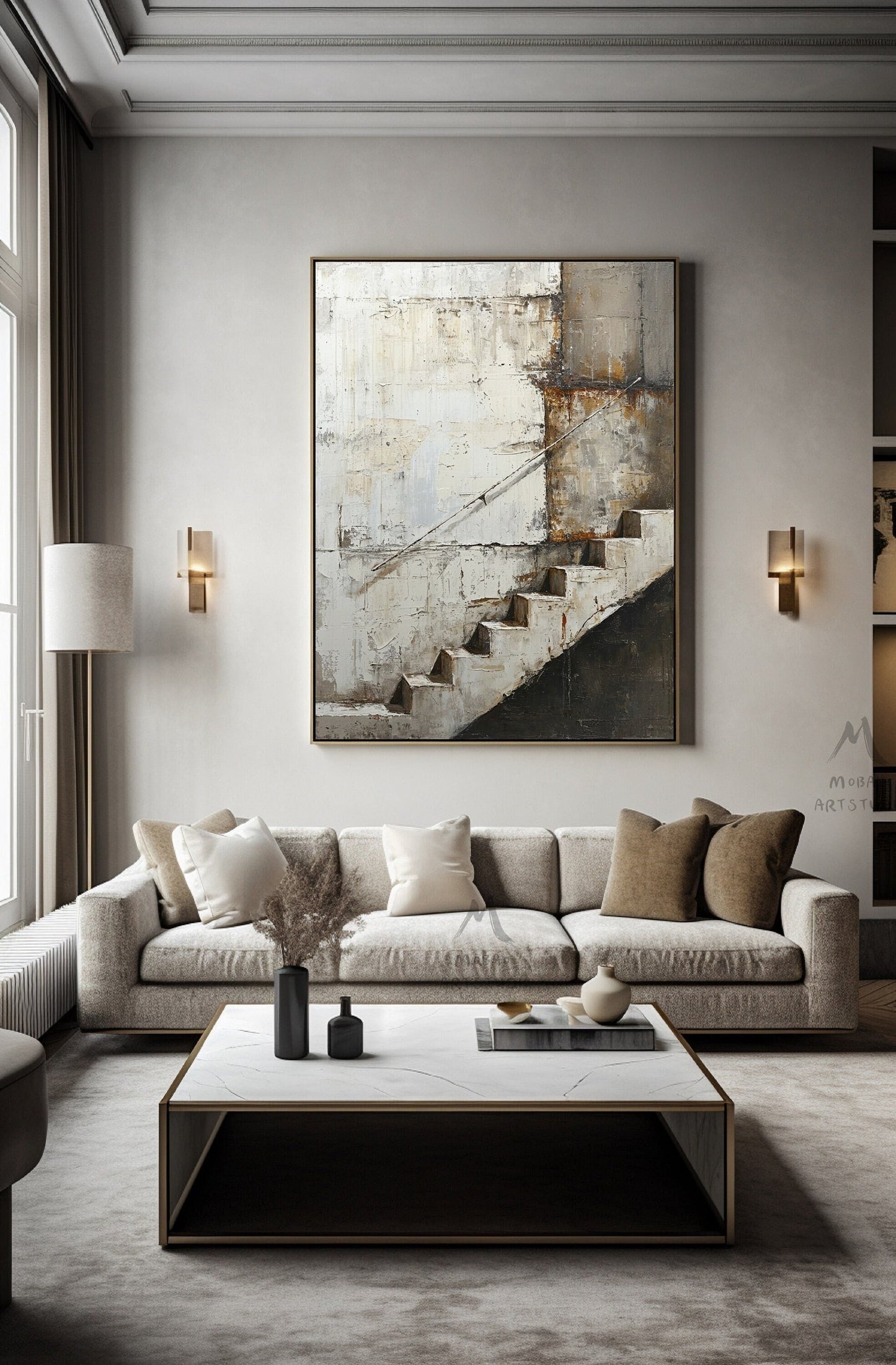 Beige Abstract Painting Gray Canvas Painting Wabi Sabi Wall Art Neutral Canvas Art Boho Wall Art Black Abstract Art Beige Wall Art #Treppe-4