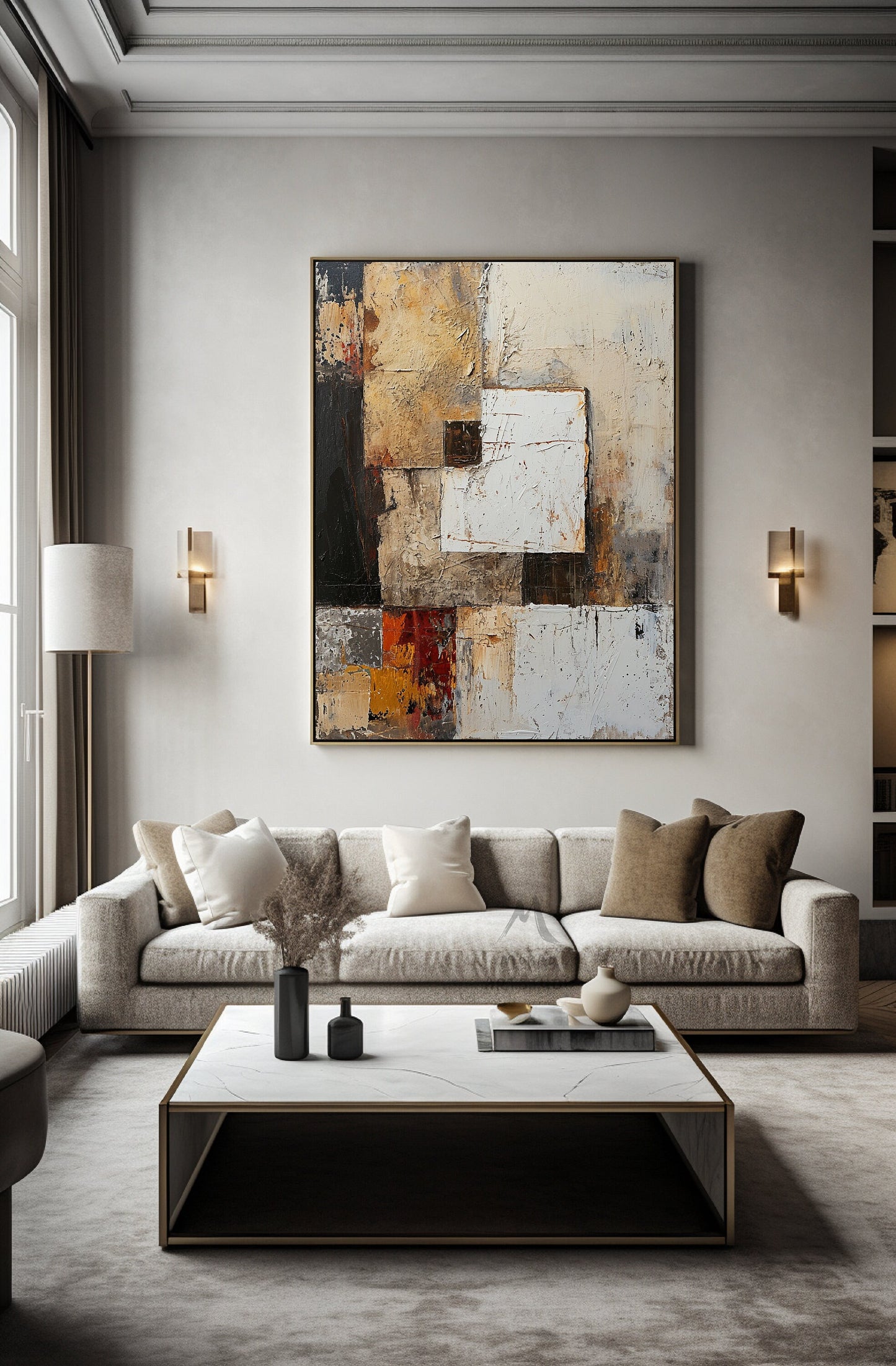 Beige Canvas Painting White Wall Art Large Texture Art Wabi Sabi Wall Art Gray Abstract Wall Art Black Minimalist Art Beige Texture Art
