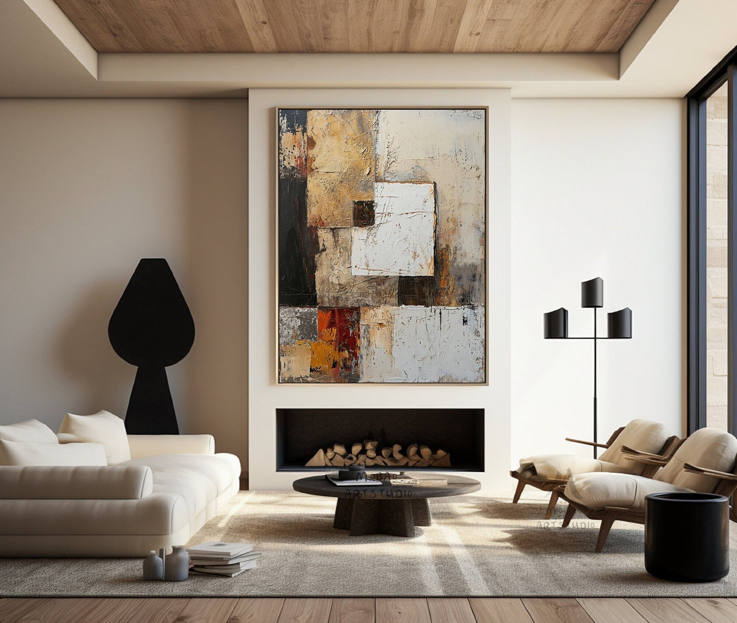 Beige Canvas Painting White Wall Art Large Texture Art Wabi Sabi Wall Art Gray Abstract Wall Art Black Minimalist Art Beige Texture Art