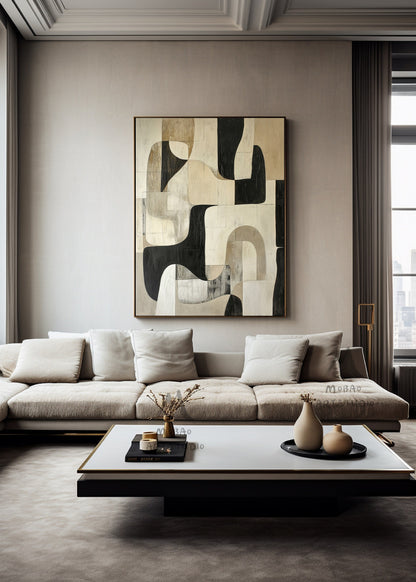 Beige Wabi Sabi Wall Art Black Beige Abstract Painting Large Black Minimalist Wall Art Beige Textured Canvas Painting Neutral Wall Decor