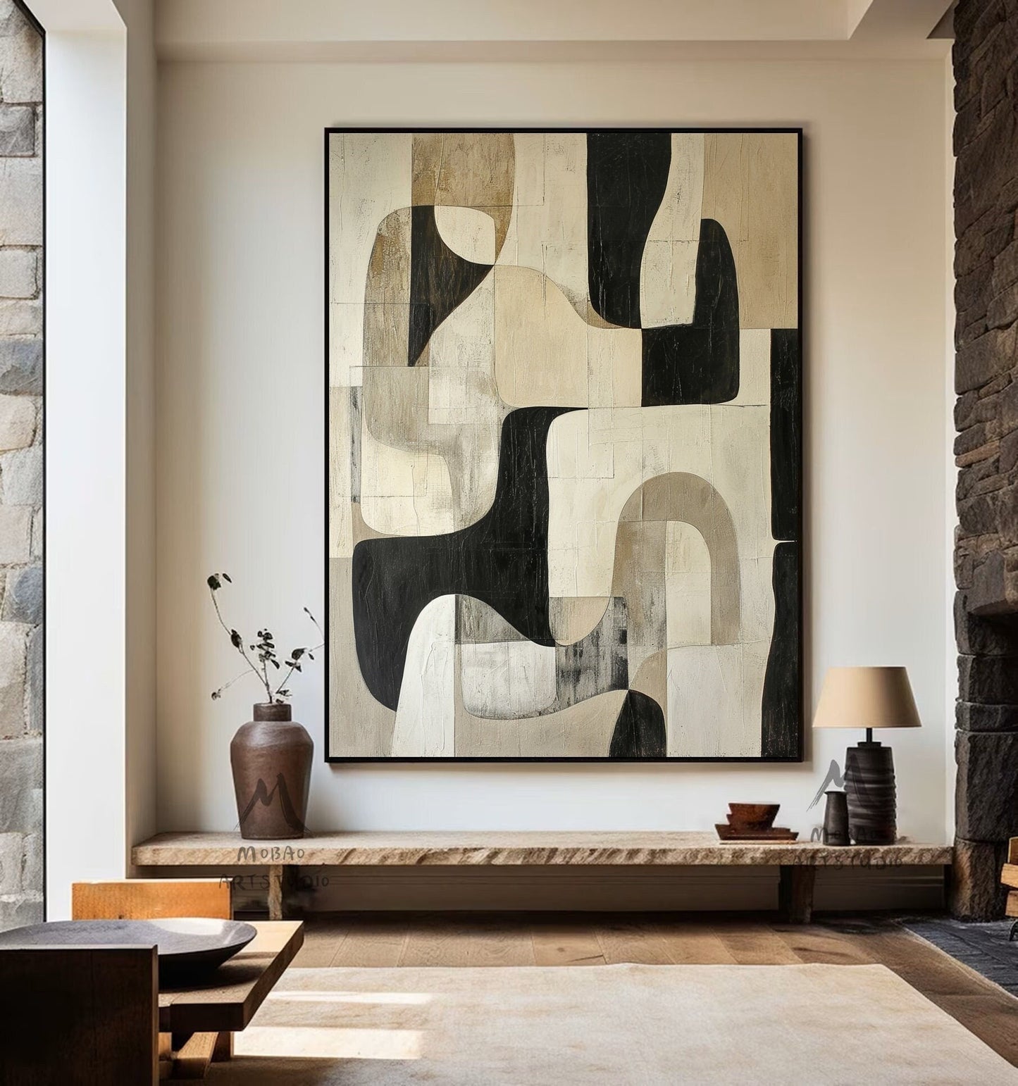 Beige Wabi Sabi Wall Art Black Beige Abstract Painting Large Black Minimalist Wall Art Beige Textured Canvas Painting Neutral Wall Decor