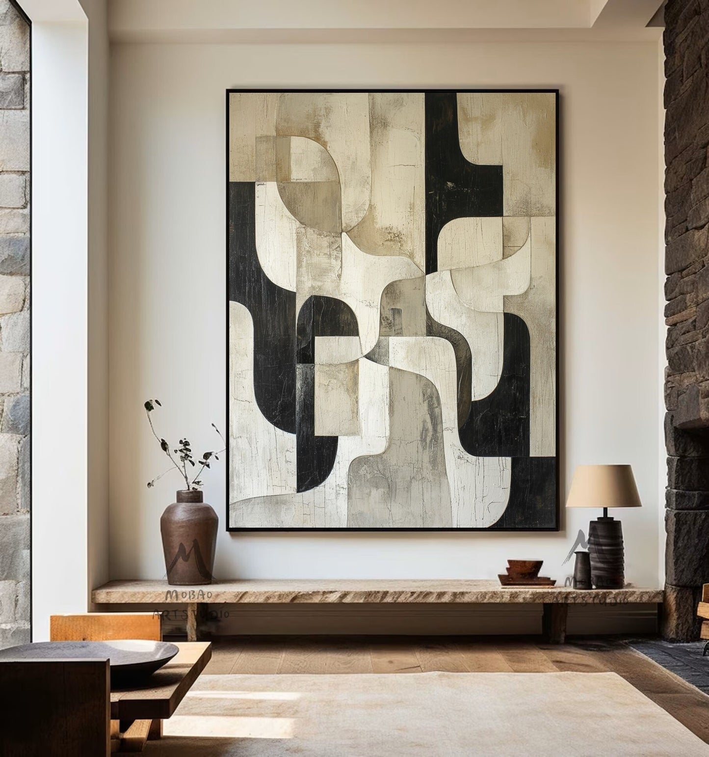 Beige Textured Canvas Painting Black Wall Art Wabi Sabi Wall Art Beige Abstract Painting Large Black Minimalist Wall Art Neutral Wall Decor