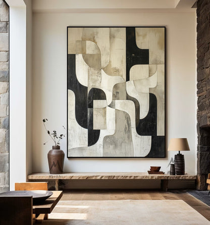 Beige Textured Canvas Painting Black Wall Art Wabi Sabi Wall Art Beige Abstract Painting Large Black Minimalist Wall Art Neutral Wall Decor