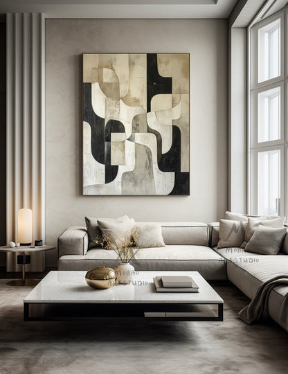 Beige Textured Canvas Painting Black Wall Art Wabi Sabi Wall Art Beige Abstract Painting Large Black Minimalist Wall Art Neutral Wall Decor