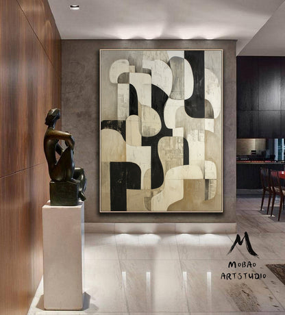 Beige Wabi Sabi Wall Art Black Wall Art Beige Abstract Painting Large Black Minimalist Art Beige Textured Canvas Painting Neutral Wall Decor