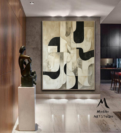 Beige Textured Canvas Painting Black Wall Art Beige Abstract Painting Beige Wabi Sabi Wall Art Large Black Minimalist Art Neutral Wall Decor