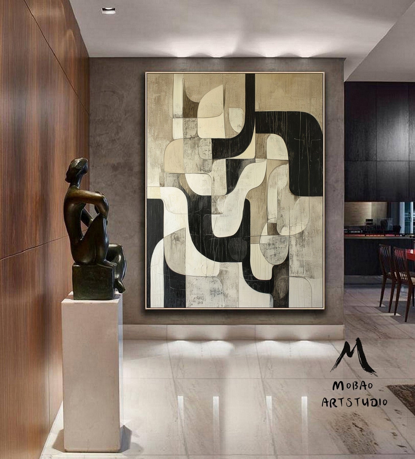 Beige Abstract Painting Black Wall Art Beige Textured Canvas Painting Beige Wabi Sabi Wall Art Large Black Minimalist Art Neutral Wall Decor