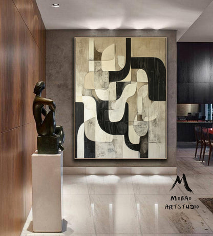 Beige Abstract Painting Black Wall Art Beige Textured Canvas Painting Beige Wabi Sabi Wall Art Large Black Minimalist Art Neutral Wall Decor