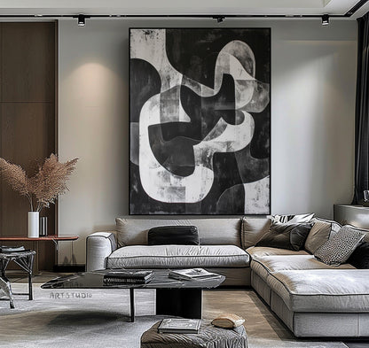 Large Black Wall Art Black And Gray Abstract Minimal Painting on Canvas Modern Textured Wall Art Contemporary Abstract Art for Living Room