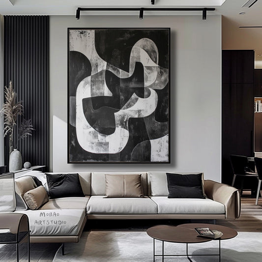 Large Black Wall Art Black And Gray Abstract Minimal Painting on Canvas Modern Textured Wall Art Contemporary Abstract Art for Living Room