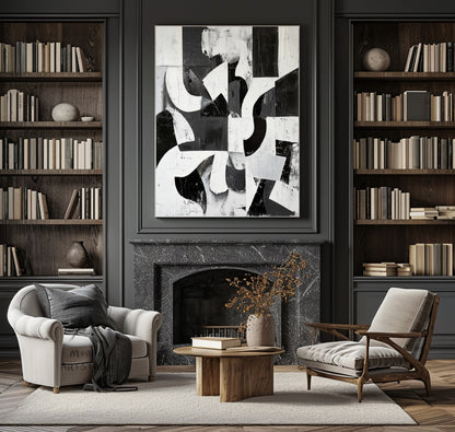 Large Black Wall Art Black And White Abstract Minimal Painting on Canvas Modern Textured Wall Art Contemporary Abstract Art for Living Room