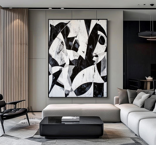 White Textured Wall Art Large Black Wall Art Black And White Abstract Minimal Painting on Canvas Contemporary Abstract Art for Living Room