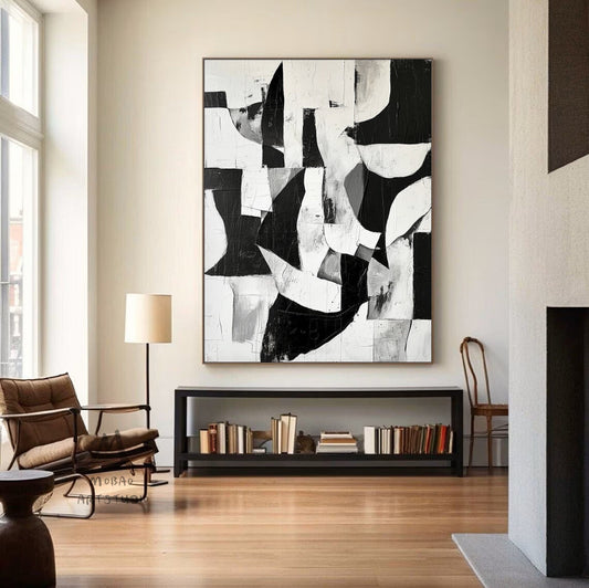 Black And White Abstract Minimal Painting on Canvas White Textured Wall Art Large Black Wall Art Contemporary Abstract Art for Living Room