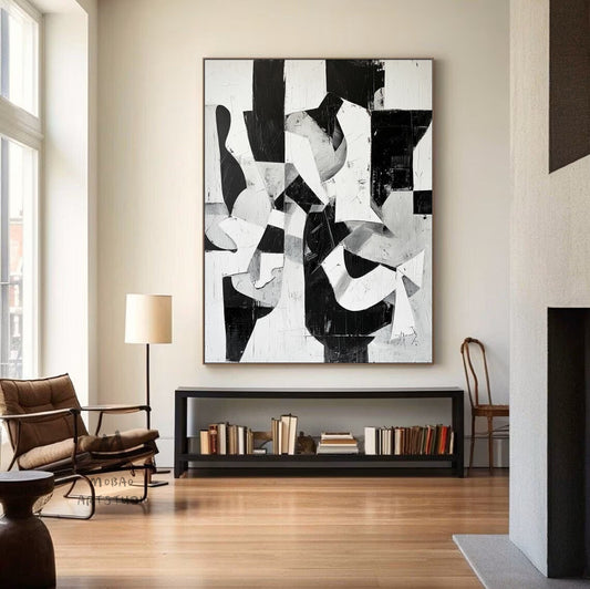 Original Canvas Art Black White Minimalist Painting Black and White Abstract Painting Boho Wall Art Abstract Painting Modern Wall Art Decor