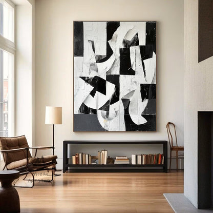 Large Black Wall Art Black And White Abstract Minimal Painting on Canvas White Textured Wall Art Contemporary Abstract Art for Living Room