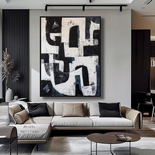 Black Wabi Sabi Wall Art Black White Abstract Painting Large Black Minimalist Wall Art Beige Textured Canvas Painting Blue Wall Art Decor