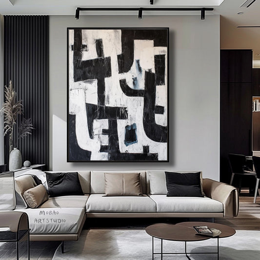 Black White Abstract Painting Black Wabi Sabi Wall Art Large Black Minimalist Wall Art Beige Textured Canvas Painting Black Wall Art Decor