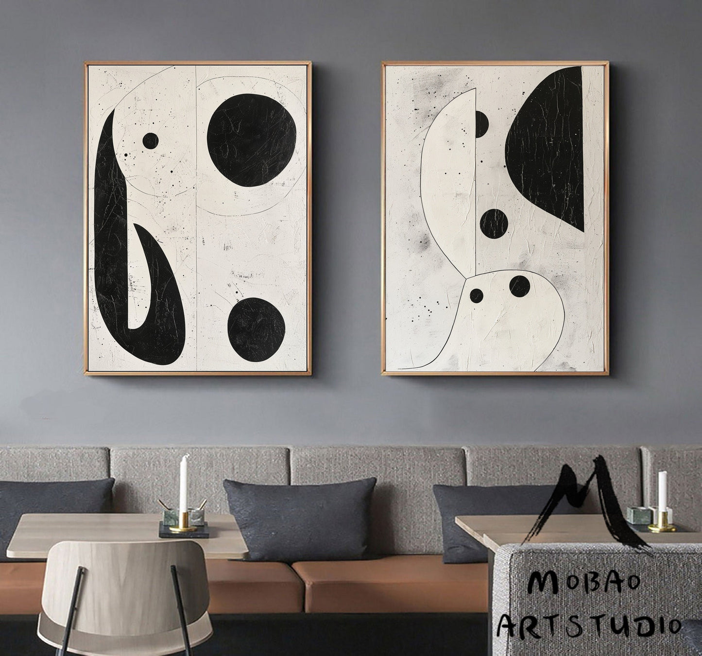 Set of 2 Beige Abstract Painting Beige Textured Wall Art Painting Set of 2 Beige Wall Art Black Abstract Painting Beige Textured Wall Art