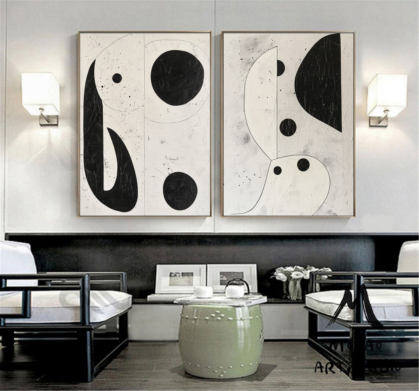 Set of 2 Beige Abstract Painting Beige Textured Wall Art Painting Set of 2 Beige Wall Art Black Abstract Painting Beige Textured Wall Art