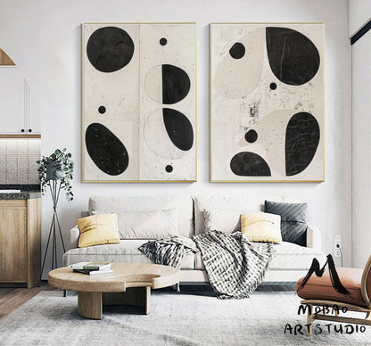 Set of 2 Black Minimalism Abstract Art Beige Textured Wall Art Painting Set of 2 Beige Wall Art Beige Abstract Art Beige Textured Wall Art