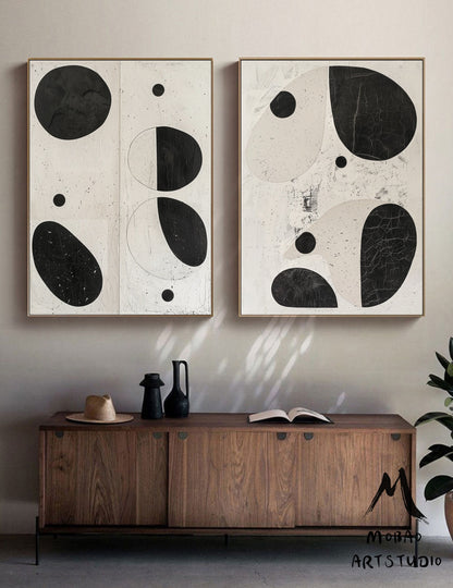 Set of 2 Black Minimalism Abstract Art Beige Textured Wall Art Painting Set of 2 Beige Wall Art Beige Abstract Art Beige Textured Wall Art