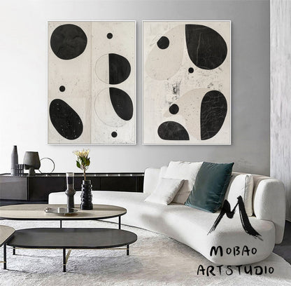 Set of 2 Black Minimalism Abstract Art Beige Textured Wall Art Painting Set of 2 Beige Wall Art Beige Abstract Art Beige Textured Wall Art