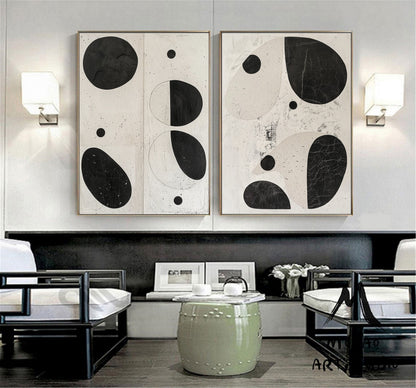 Set of 2 Black Minimalism Abstract Art Beige Textured Wall Art Painting Set of 2 Beige Wall Art Beige Abstract Art Beige Textured Wall Art